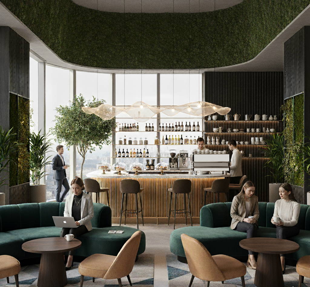 まるでラウンジのようなカフェスペースがオフィスにある